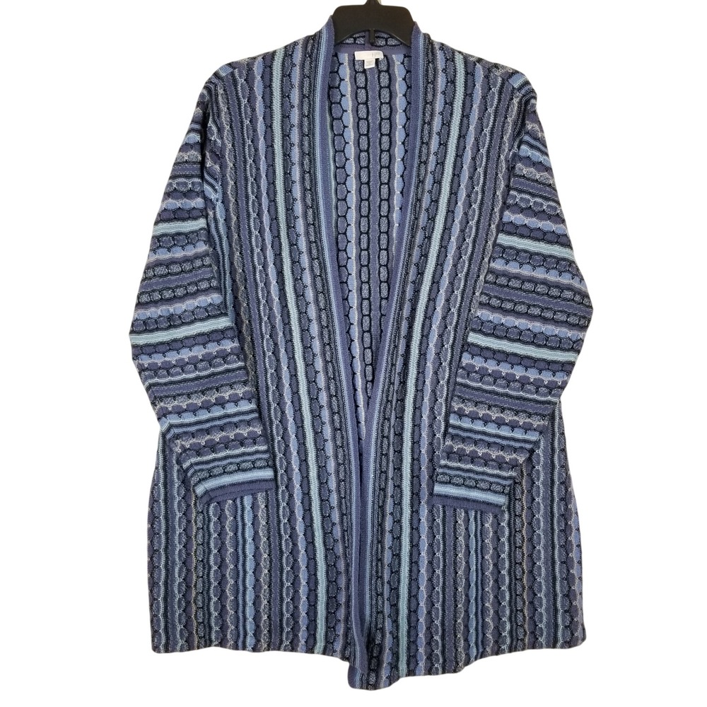 J. Jill Women 3X Blue Striped Textured Knit Open Front Cardigan Sweater Longline